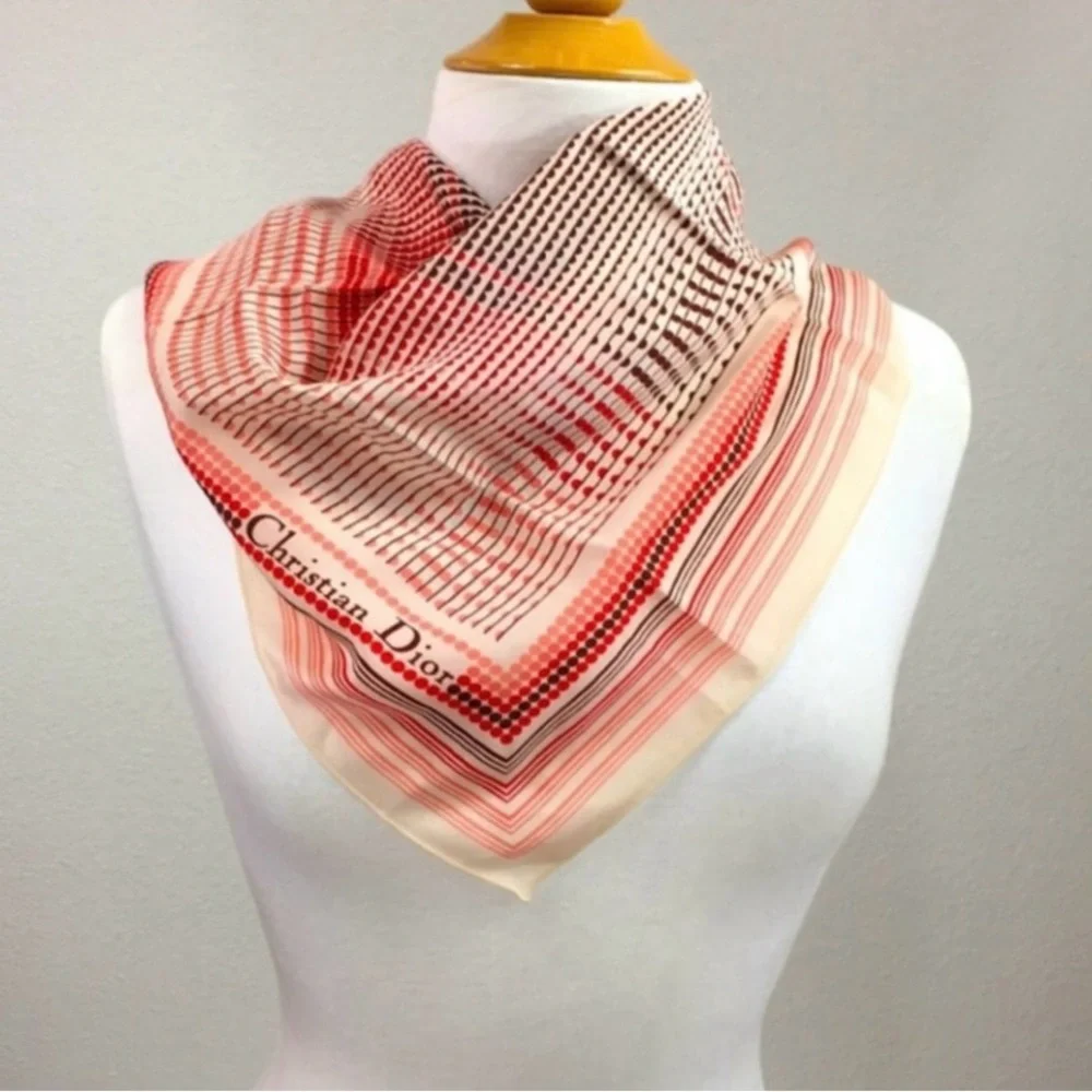 Vintage Christian Dior Red Brown Geometric Polka Dot Silk Square Scarf Luxury